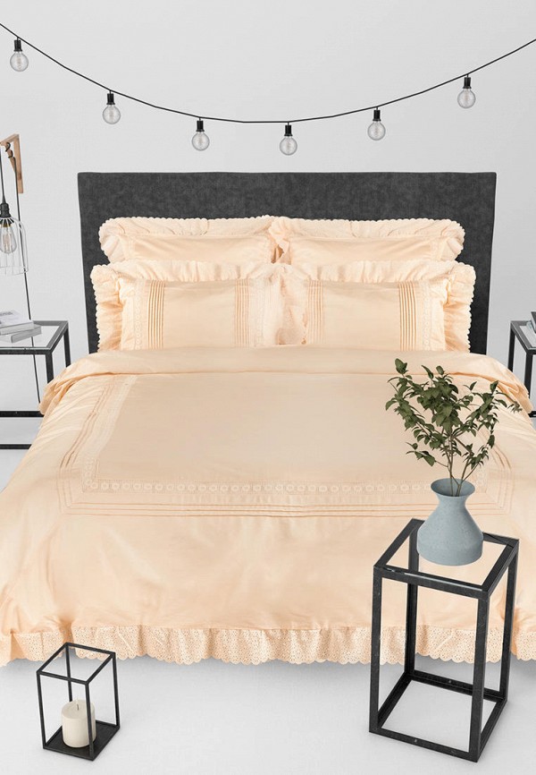 

Постельное белье Евро Bellehome, Бежевый, Мережка экрю