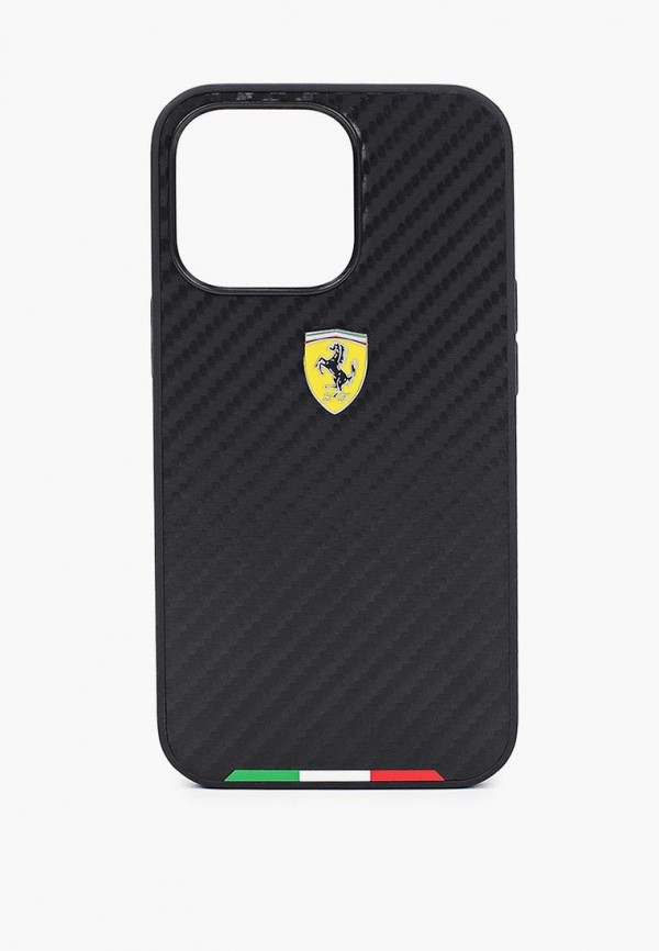 Чехол для iPhone Ferrari 13 Pro PU Carbon Italia stripe with metal logo Hard Black