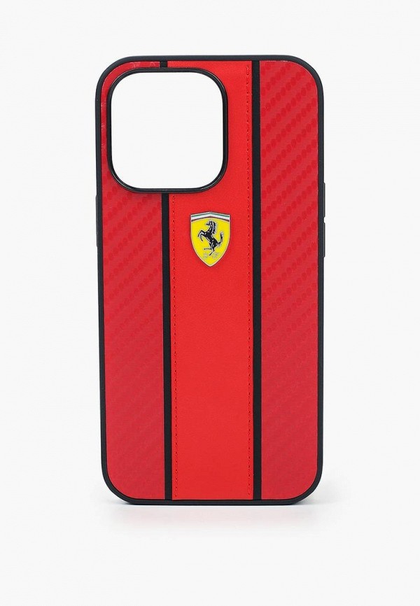 Чехол для iPhone Ferrari 13 Pro, PU Carbon/Smooth with metal logo Hard Red