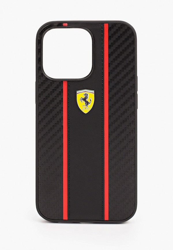 Чехол для iPhone Ferrari 13 Pro, PU Carbon/Smooth with metal logo Hard Black