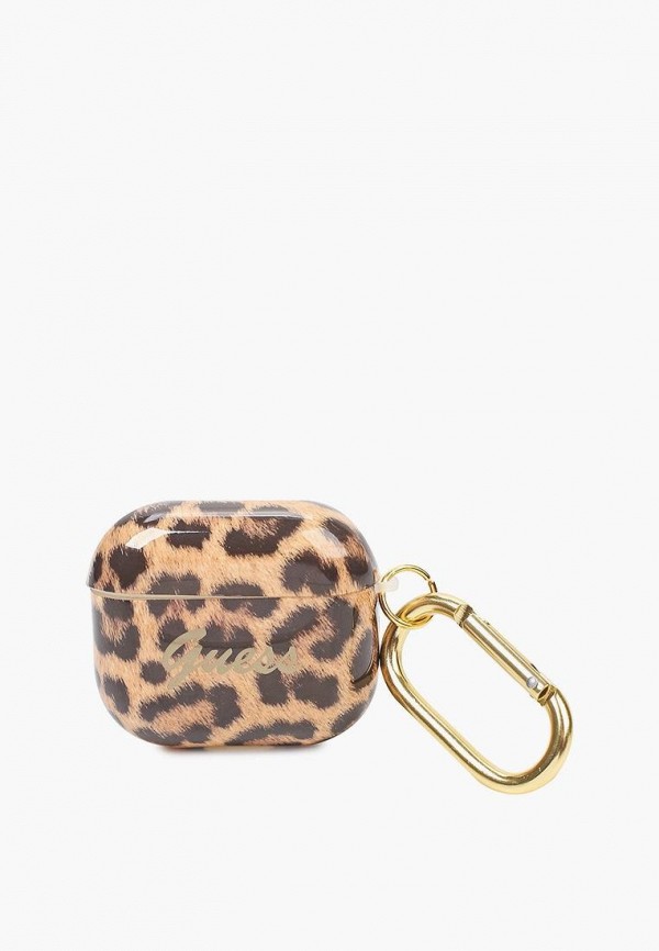 

Чехол для наушников Guess, Коричневый, Airpods 3, TPU with carabin Leopard Gold