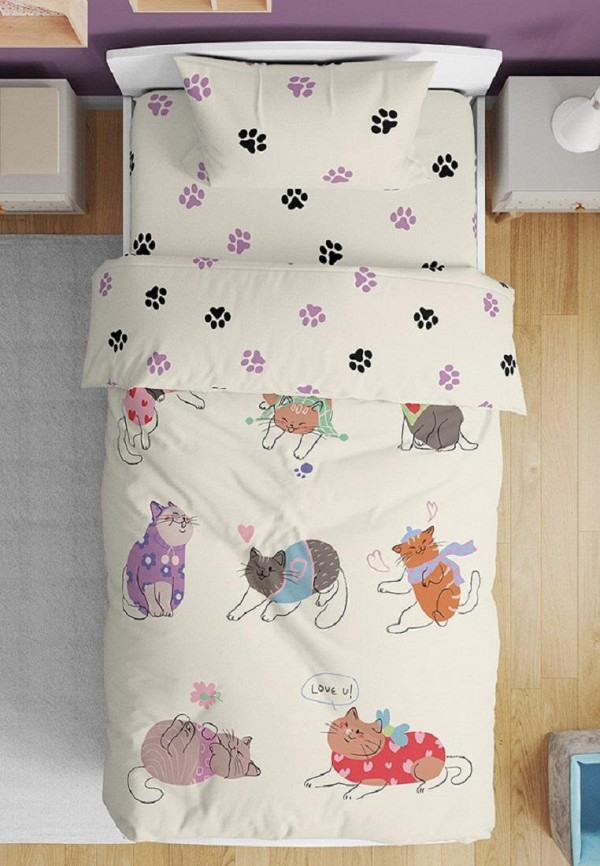

Постельное белье детское Bellehome, Разноцветный, Котики&лапки, сатин, пододеяльник на молнии