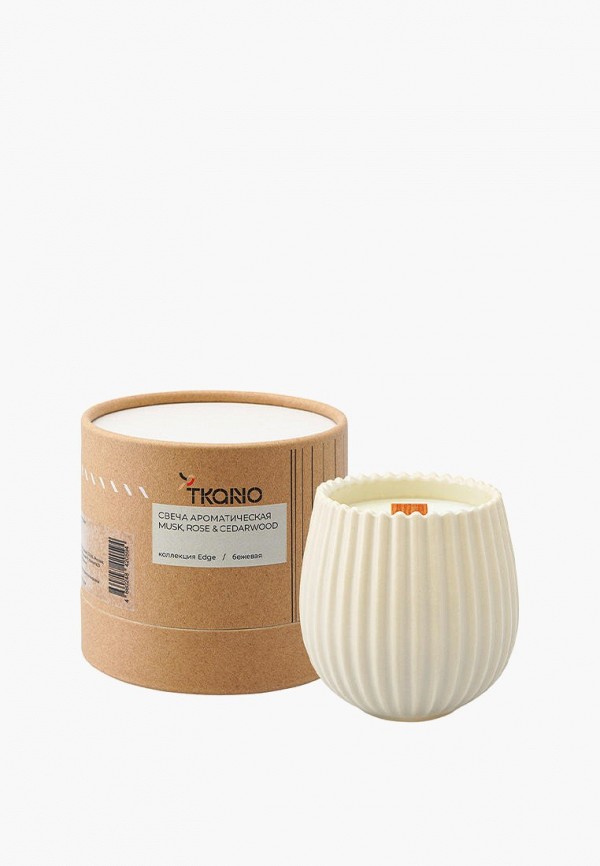 Свеча ароматическая Tkano с деревянным фитилём Musk, Rose & Cedarwood 60 ч