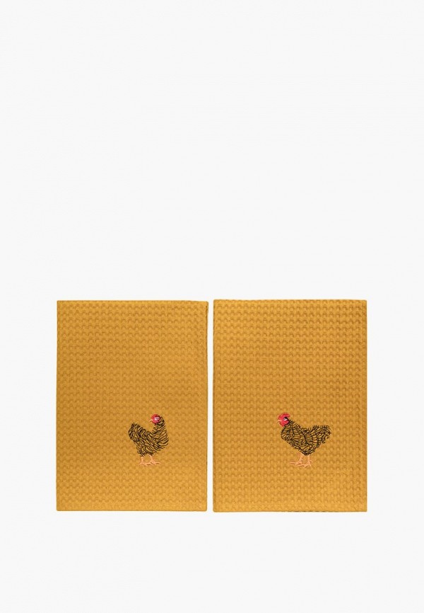 

Набор полотенец кухонных Bellehome, Оранжевый, вафельных Chikens с вышивкой 50х70 2 шт