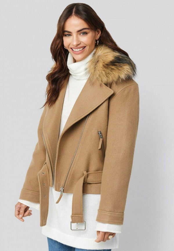 

Полупальто NA-KD, Бежевый, Faux Fur Collar Biker