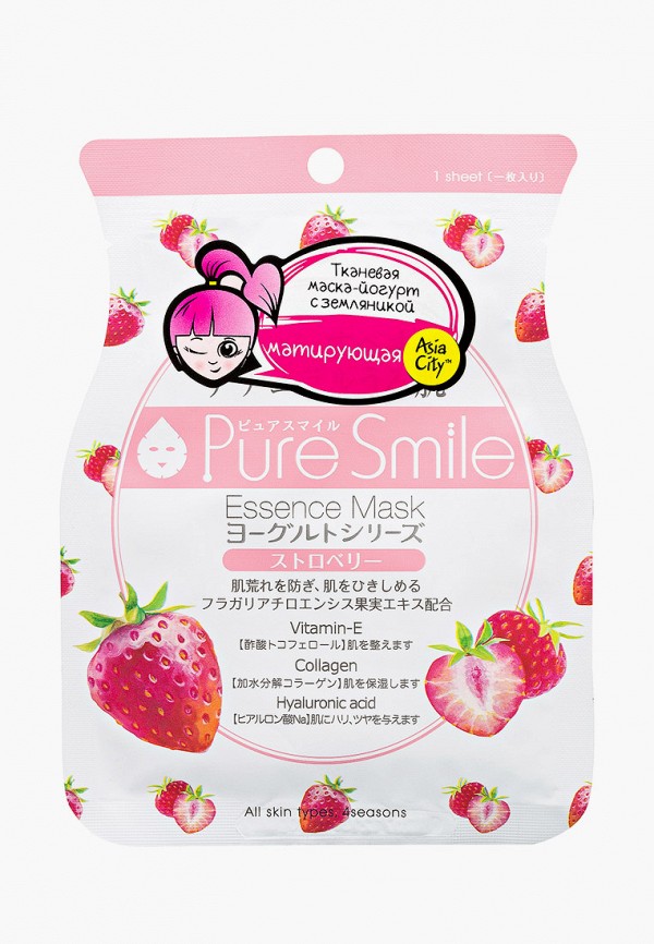 

Маска для лица Pure Smile, Белый, на йогуртовой основе, c земляникой, 1 шт