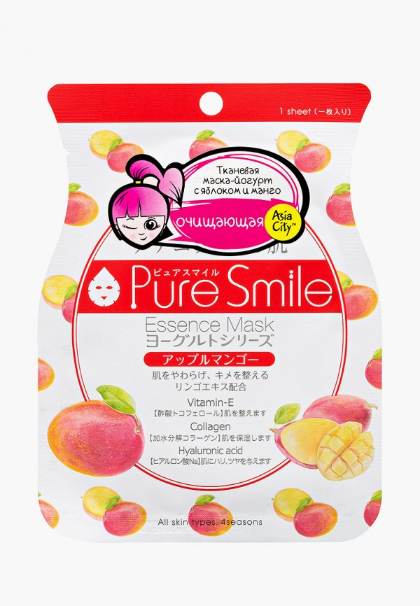

Маска для лица Pure Smile, Белый, на йогуртовой основе с яблоком и манго, 1 шт