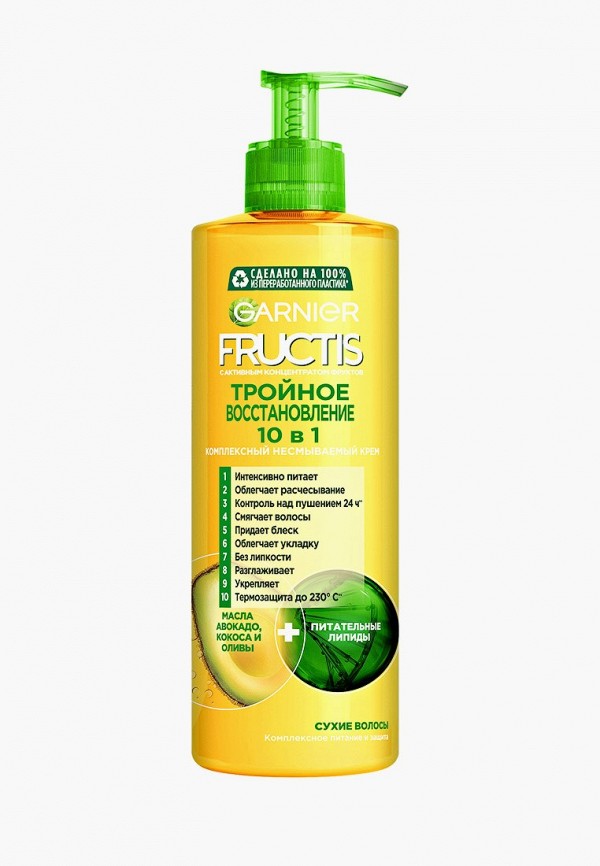 

Крем для волос Garnier, Прозрачный, Fructis Комплексный несмываемый Тройное восстановление 10 в 1 с маслами авокадо, кокоса, оливы и питательными липидами для сухих волос, 400 мл