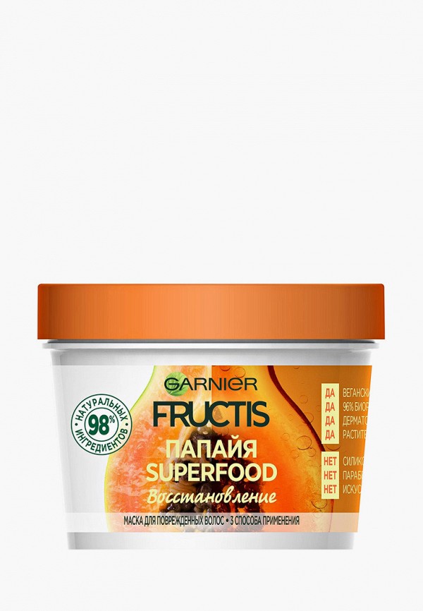 

Маска для волос Garnier, Прозрачный, Fructis 3 в 1 Superfood Папайя", восстанавливающая, для поврежденных волос, 390 мл, без парабенов, силиконов и искусственных красителей