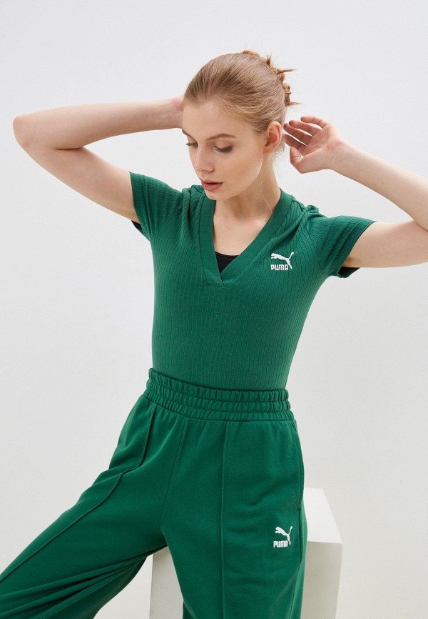 

Футболка PUMA, Зеленый, CLASSICS Ribbed V-Neck Slim Tee Vine