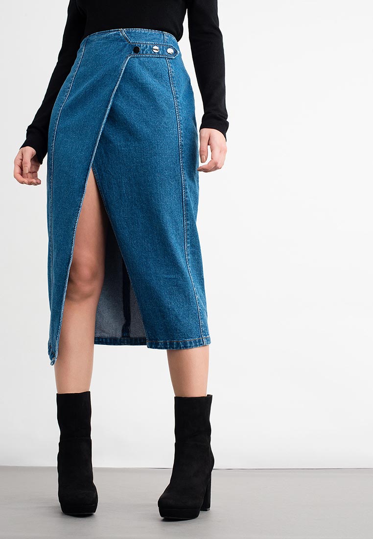 Юбка джинсовая Lost Ink POPPER SIDE WRAP DENIM PENCIL, цвет: синий ...