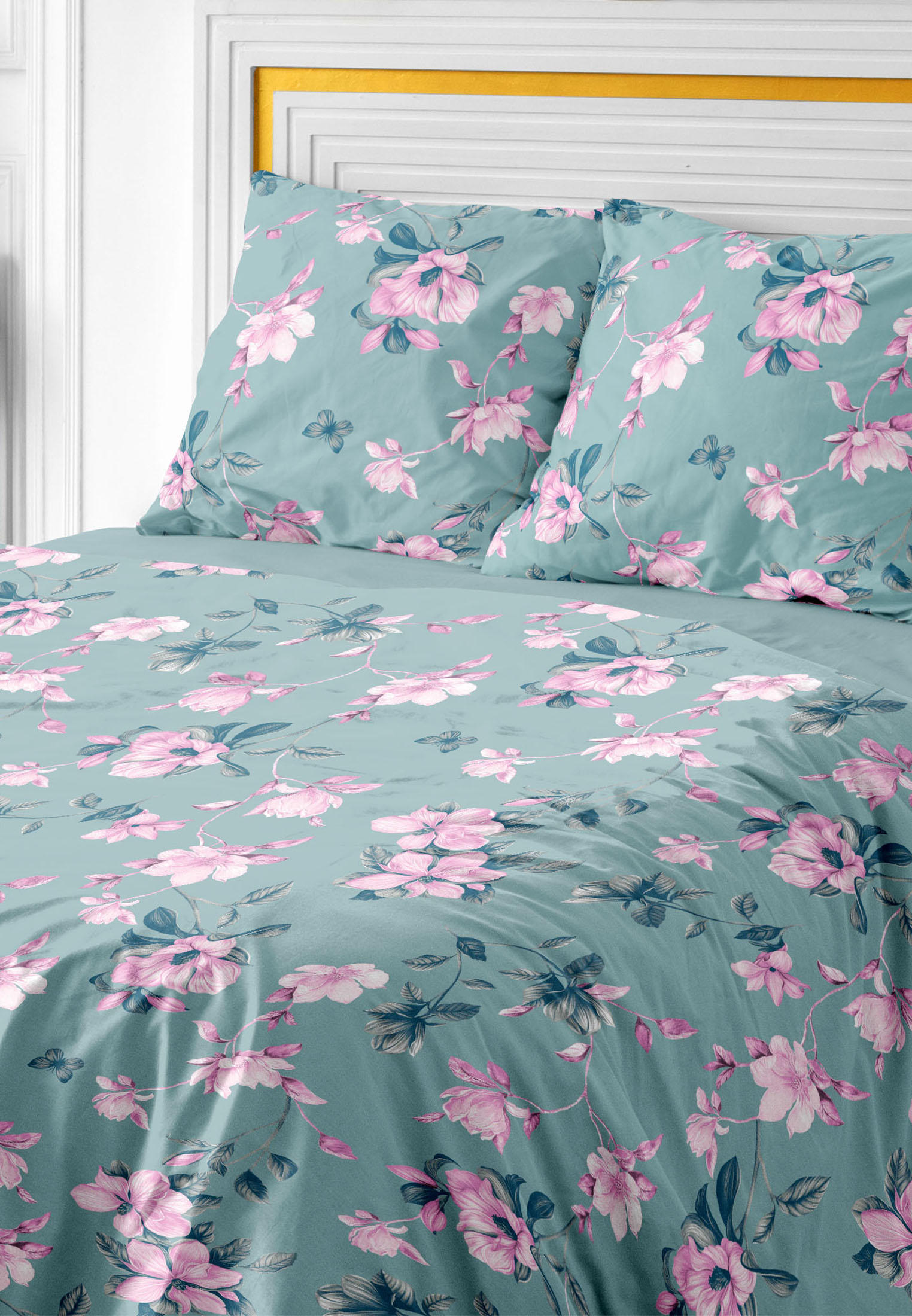 Постельное белье 1,5-спальное Унисон 70x70 Pink roses, цвет: голубой ...