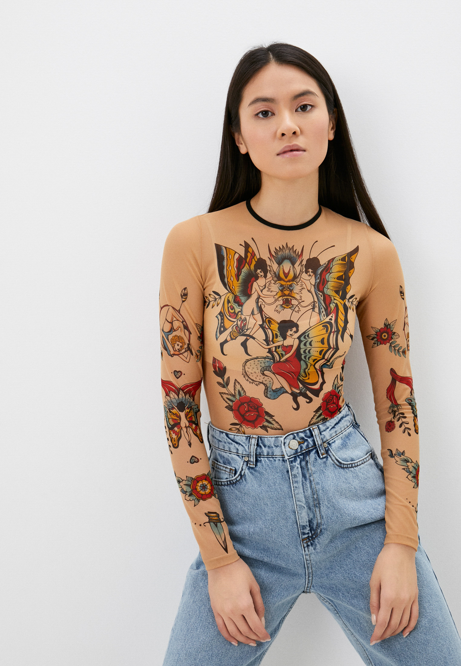 Капри бежевые женские. Рукав телесного цвета для скрытия тату. Водолазка с принтом. Brikoly. Brikoly.