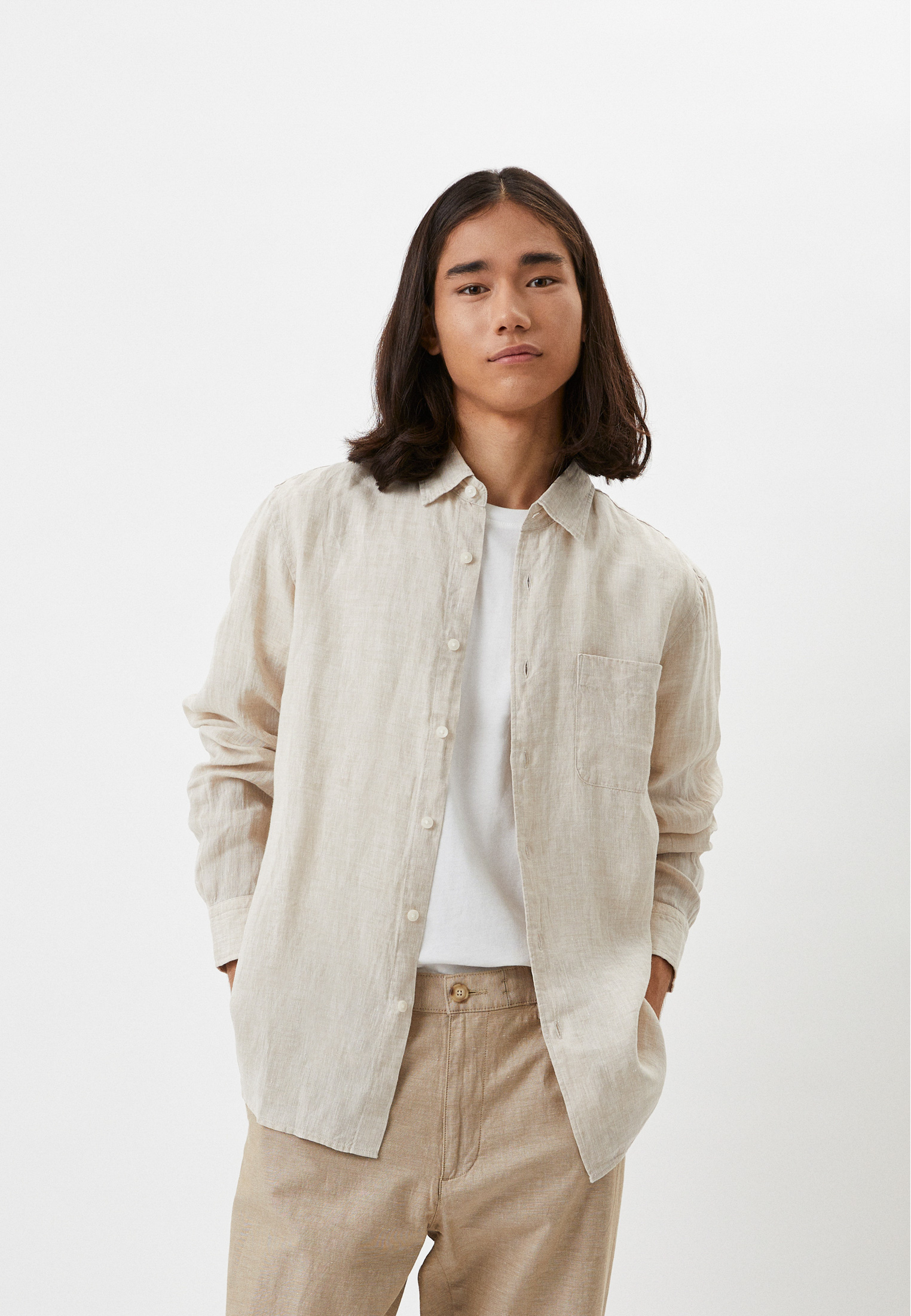 Рубашка UNIQLO изо льна класса премиум, цвет: бежевый, RTLABW774201 ...